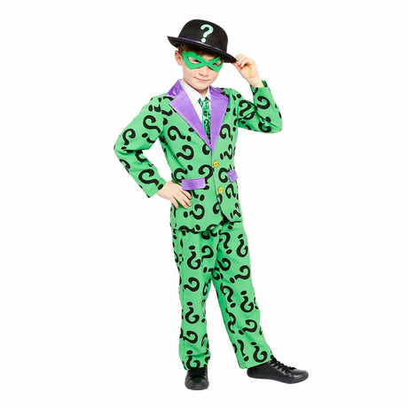 Boy wearing The Riddler costume for kids with green suit covered in question marks and matching hat and mask