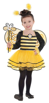 Toddler girl wearing a toddler bee costume with yellow and black striped dress, wings, and antenna headband