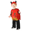 Toddler wearing a toddler devil costume Halloween with red top, flame design, black pants, and devil horns headband