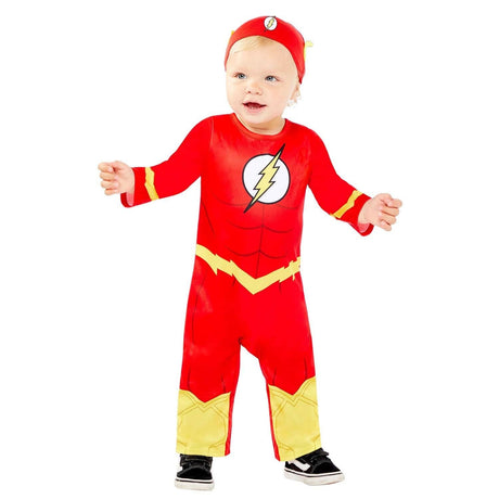 Toddler wearing red and yellow toddler superhero costume 6-12 months with lightning bolt emblem