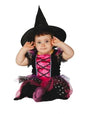 Toddler wearing pink and black toddler witch costume with star-patterned tutu and pointy hat