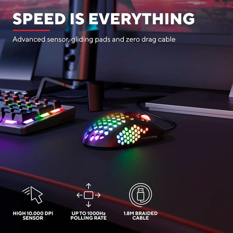 Trust GXT 960 RGB gaming mouse with advanced sensor, 10000 DPI, 1000Hz polling rate, and braided cable