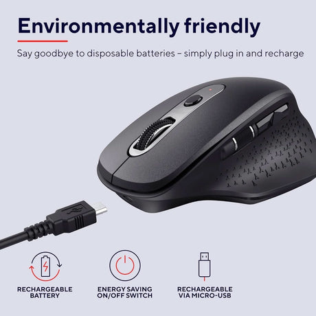 Rechargeable wireless mouse in black with ergonomic design and micro USB charging cable