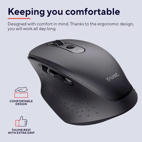 Ergonomic rechargeable wireless mouse in black with thumb rest and extra grip for comfortable all-day use
