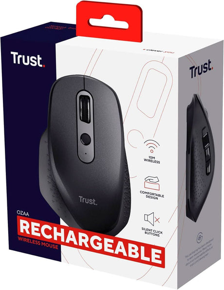 Trust rechargeable wireless mouse in black with silent click buttons and comfortable design