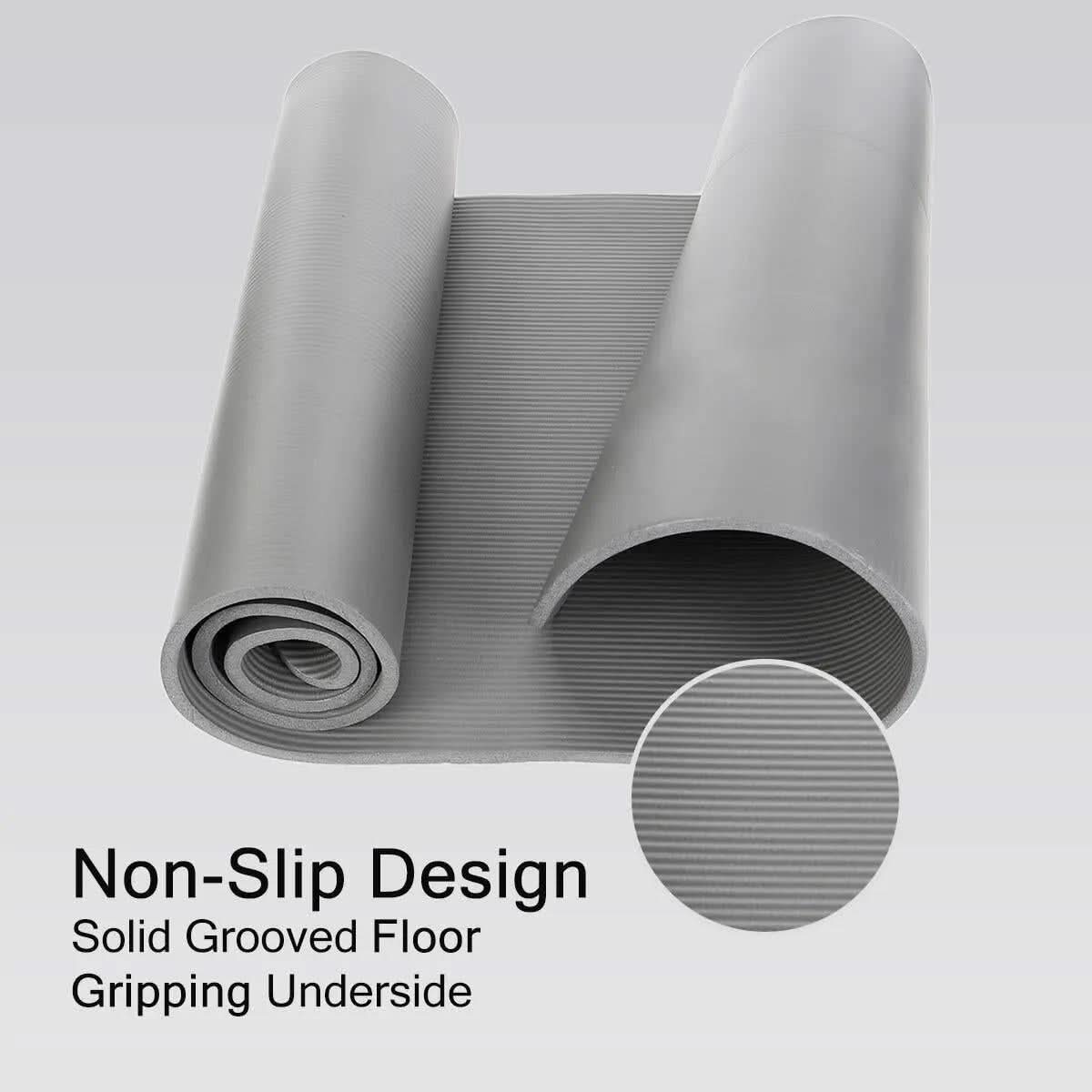 Gray non slip yoga mat for home workouts with solid grooved floor and gripping underside