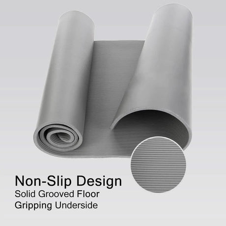 Gray non slip yoga mat for home workouts with solid grooved floor and gripping underside