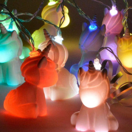 Colorful unicorn LED string lights glowing in various colors for decorative use