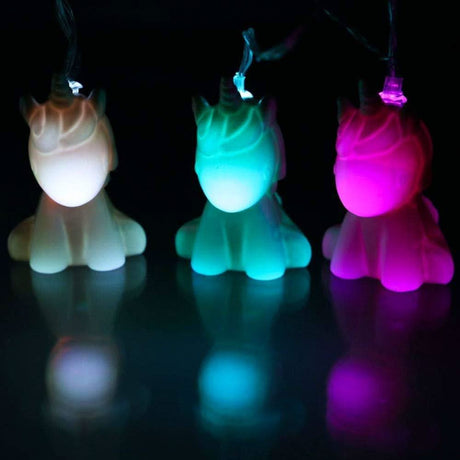Colorful unicorn LED string lights glowing in white blue and pink for decorative lighting