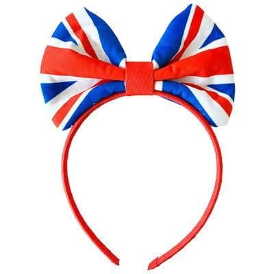 Union Jack bow headband with red, white, and blue colors for patriotic and fancy dress occasions