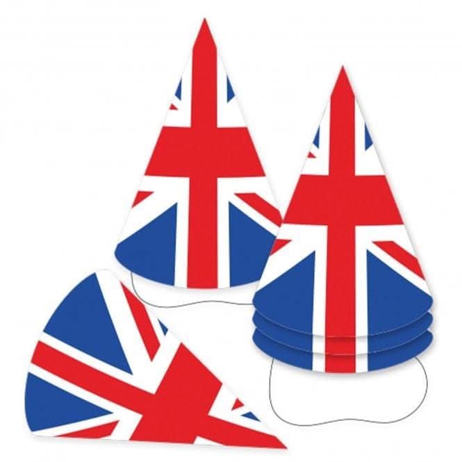 Union Jack party hats by Fancy Dress featuring the British flag design on cone-shaped hats