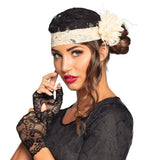 Woman wearing Charleston accessories set including black lace gloves and a decorative headband with a cream flower