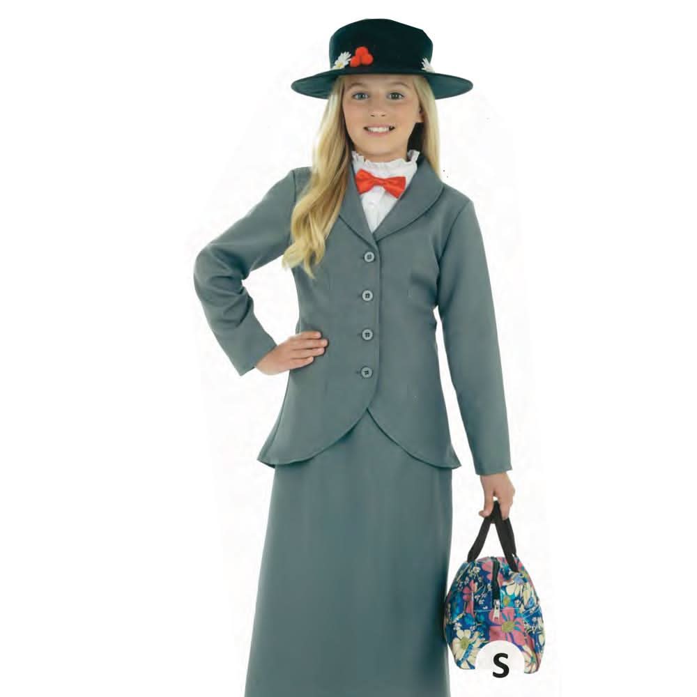 Child wearing a Victorian nanny costume for kids with gray jacket, long skirt, hat, and floral bag