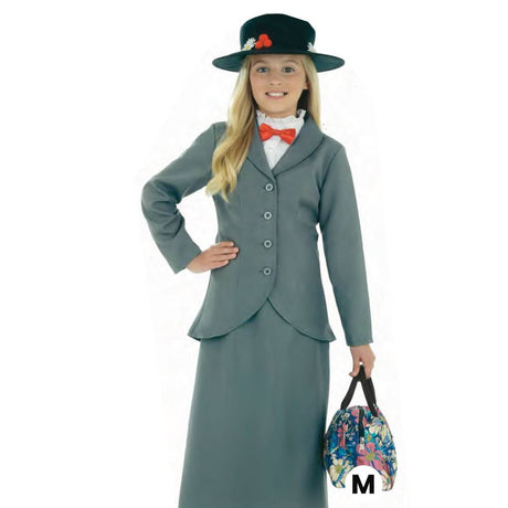Child wearing Victorian nanny costume for kids with gray jacket, skirt, black hat, and bow tie holding a floral bag