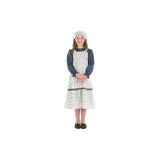 Girl wearing Victorian schoolgirl costume for kids with floral apron dress and matching bonnet