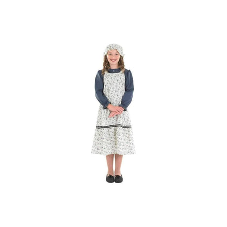 Girl wearing Victorian schoolgirl costume for kids with floral apron dress and matching bonnet