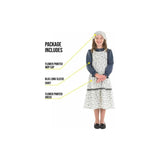 Victorian schoolgirl costume for kids with flower printed mop cap blue long sleeve shirt and flower printed dress