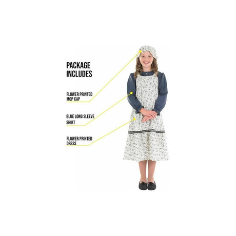 Victorian schoolgirl costume for kids with flower printed mop cap blue long sleeve shirt and flower printed dress