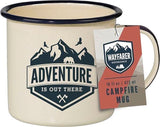Enamel campfire mug with adventure mountain design and black rim from CLICKK Home Store