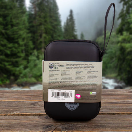 CLICCK Home Store black outdoor survival kit case with wrist strap on wooden surface outdoors