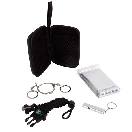 CLICKK Home Store compact outdoor survival kit with paracord bracelet, wire saw, whistle, fire starter, and carrying case