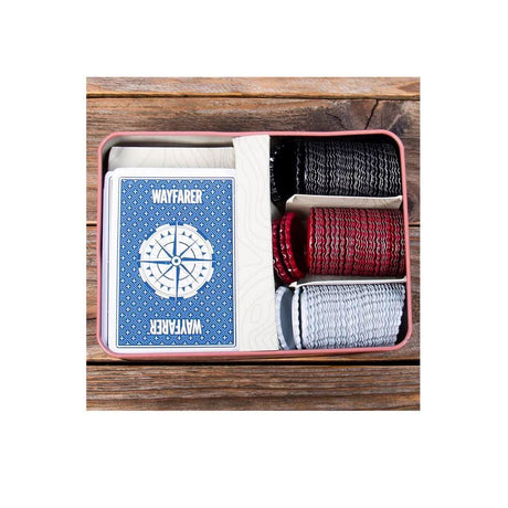 Waterproof poker set with blue playing cards and black red and white poker chips in metal case