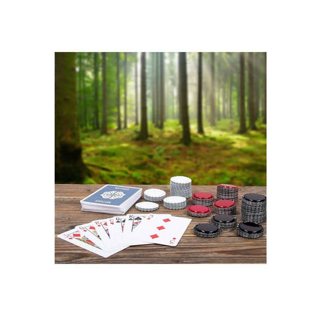 Waterproof poker set with cards and red black white poker chips on wooden table outdoors