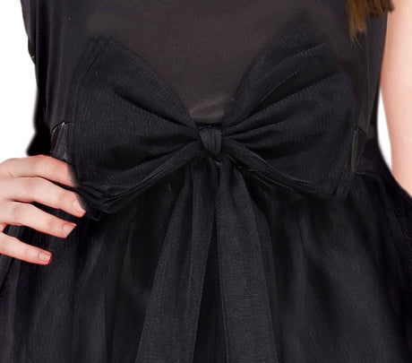 Close-up of black bow detail on Wednesday Addams costume for kids by Kids Fancy Dress