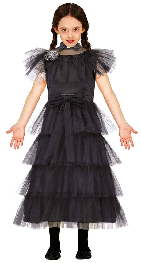Wednesday Addams costume for kids by Kids Fancy Dress featuring layered black tulle dress with puffed sleeves