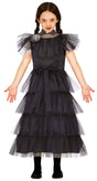 Wednesday Addams costume for kids by Kids Fancy Dress featuring layered black tulle dress with puffed sleeves