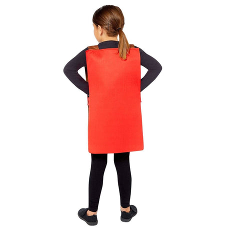 Back view of child wearing a red Willy Wonka chocolate bar costume with black outfit underneath