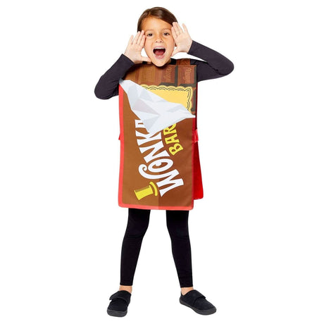 Child wearing a Willy Wonka chocolate bar costume with brown and red design posing with hands near mouth