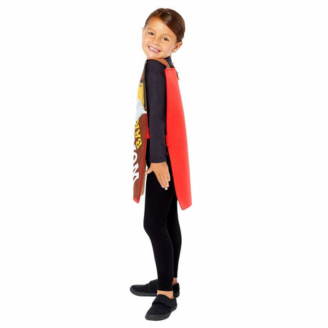 Child wearing a Willy Wonka chocolate bar costume with colorful wrapper design and red back panel
