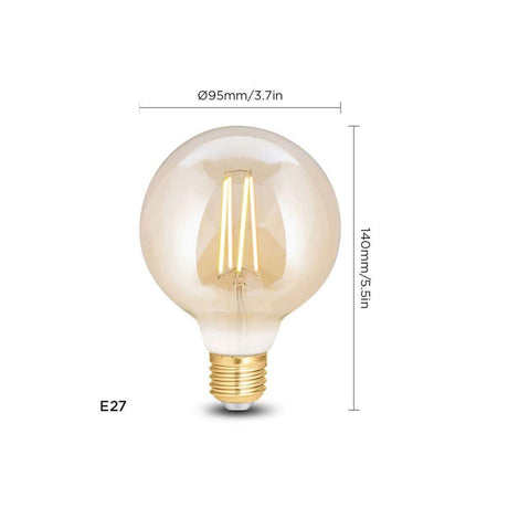WiZ G95 LED filament bulb with E27 base and dimensions 95mm diameter and 140mm height