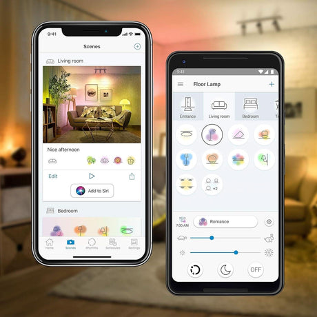 WiZ GU10 smart bulb controlled via mobile app showing lighting scenes and settings on smartphones