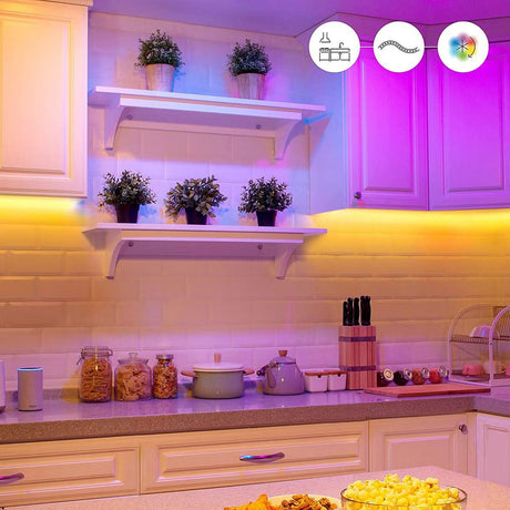 WiZ LED smart light strip extension installed under kitchen cabinets with colorful ambient lighting