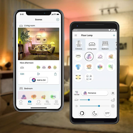 WiZ LED smart light strip extension controlling living room and floor lamp lighting scenes on two smartphones
