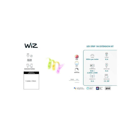 WiZ LED smart light strip extension displaying colorful RGB illumination and product specifications
