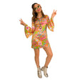 Woman wearing a colorful 60s groovy hippy costume with peace sign necklace and vintage sunglasses