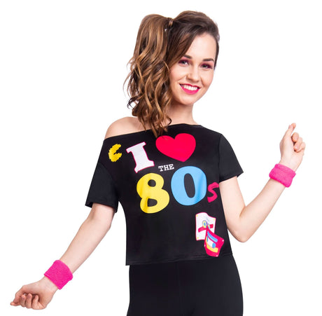 CLICKK Home Store women's 80s t-shirt black off shoulder with colorful 80s graphic and pink wristbands