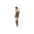 Back view of woman wearing camo mini dress and green boots in women's army costume by Fancy Dress
