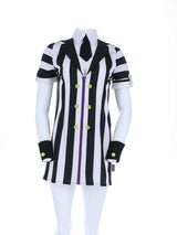 Black and white striped women's Beetlejuice costume UK dress with green buttons and black cuffs