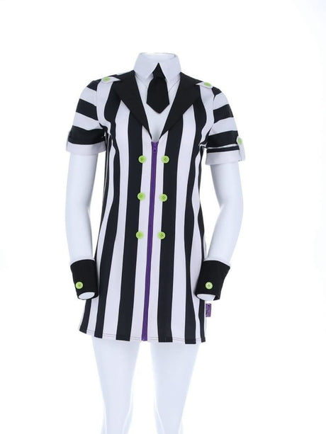 Black and white striped women's Beetlejuice costume UK dress with green buttons and black cuffs