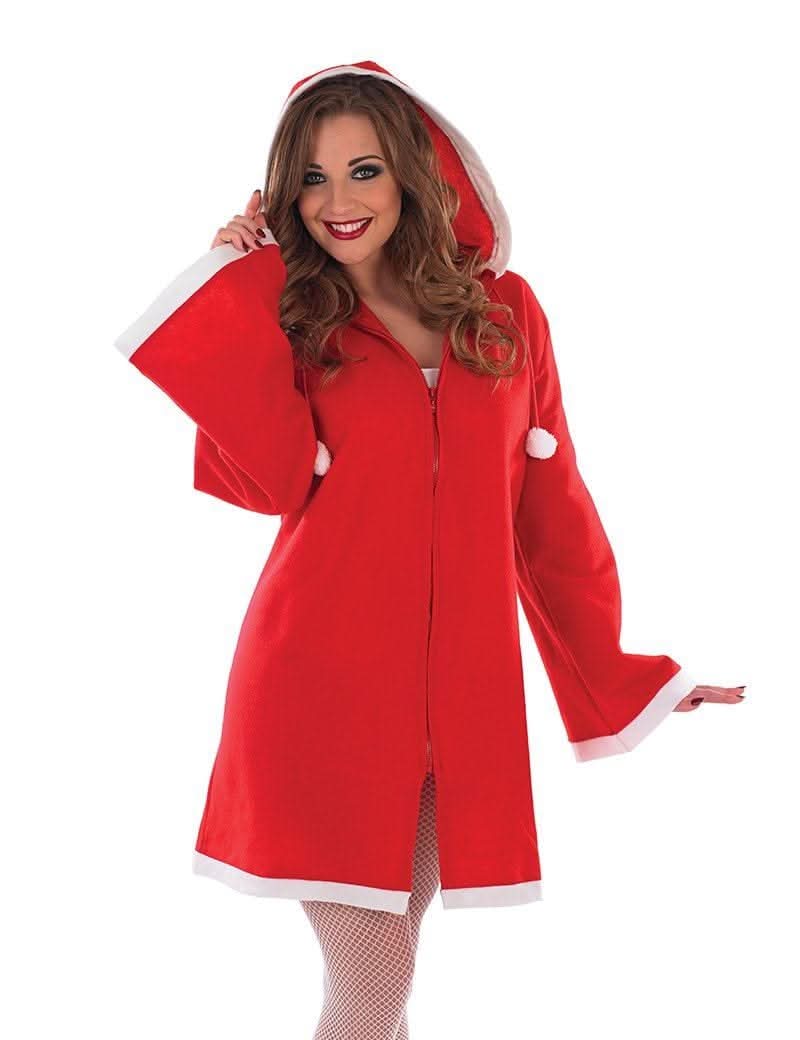 Womens fancy dress red women's Christmas coat with white trim and pom pom details