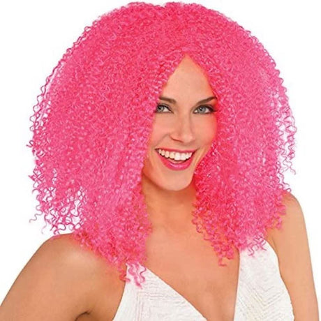 Fancy Dress women's curly pink wig with voluminous tight curls and vibrant pink color