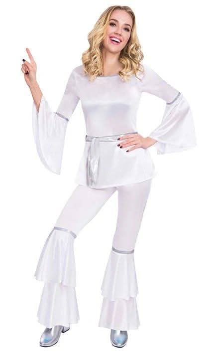 Womens Fancy Dress women's dancing diva costume in white with flared sleeves and pants