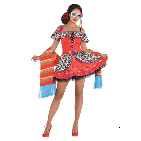 Women's Day of the Dead costume with red dress, skull print, colorful shawl, floral headpiece, and matching mask