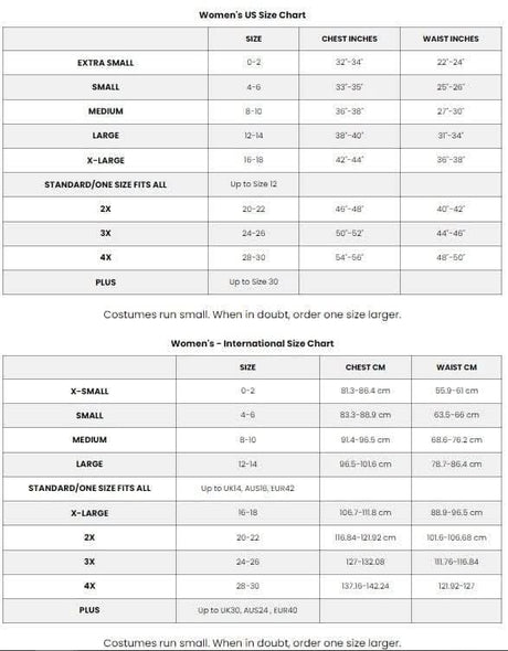Women's disco dance costume size chart showing US and international measurements for chest and waist