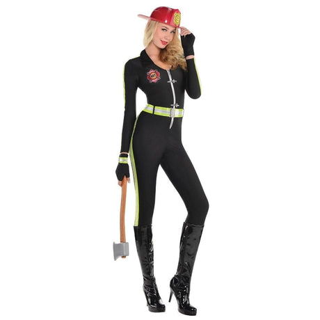 CLICKK Home Store women's firefighter costume with black jumpsuit, reflective stripes, red fire helmet, and axe prop