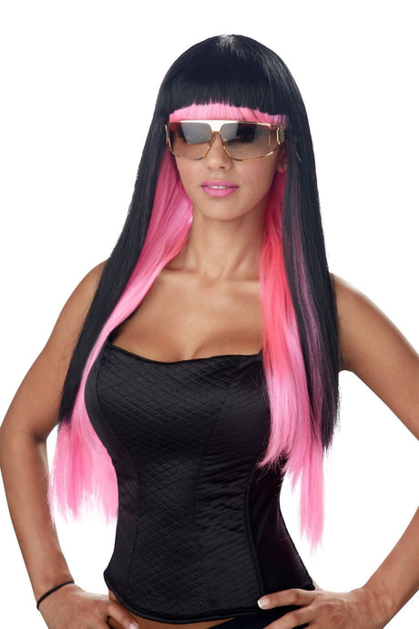 Woman wearing women's glam wig black pink with long straight hair and pink highlights styled with sunglasses